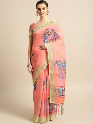 Ratnavati Digital Print, Floral Print Bollywood Cotton Linen Saree(Multicolor)
