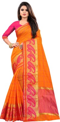 sareesiya creation Checkered Banarasi Cotton Silk Saree(Orange)