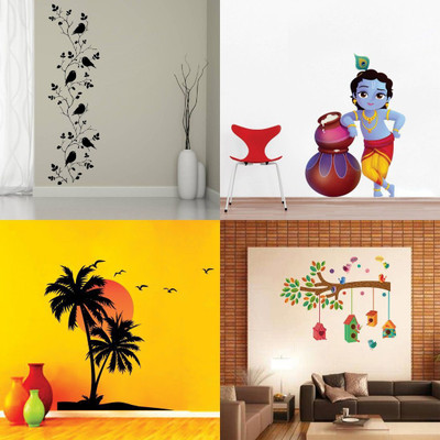 Walltech 49 cm Combo of 4 Wall Sticker Bird Vine-(120 X 35 Cms) | Cute Bal Krishna Makhan Chor-(60 X 40 Cms) | Beach With Sunset-(55 X 60 Cms) | Bird House On A Branch-(90 X 75 Cms) - Matrial Vinyl Reusable Sticker(Pack of 4)