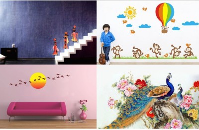 Walltech 49 cm Combo of 4 Wall Sticker Team Monkey-(150 X 90 Cms) | Royal Peacock-(50 X 60 Cms) | Sunrise With Flying Bird-(48 X 179 Cms) | Three Tribal Lady-(51 X 60 Cms) - Matrial Vinyl Reusable Sticker(Pack of 4)