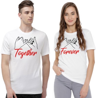 Akaas Printed Couple Round Neck White T-Shirt