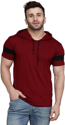 TEEFOX Solid Men Hooded Neck Red T-Shirt