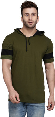 SLOWLORIS Solid Men Hooded Neck Green T-Shirt