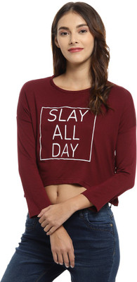 CAMPUS SUTRA Casual Short Sleeve Printed Women Maroon Top