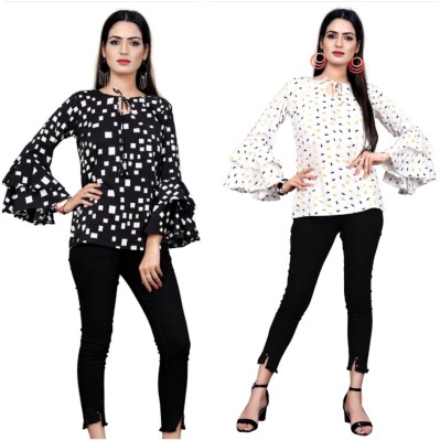 AYAN TRENDZ Casual Flared Sleeve Printed Women Multicolor Top