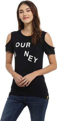 CAMPUS SUTRA Casual Short Sleeve Printed Women Black Top