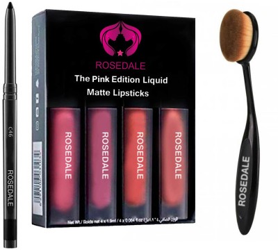 ROSEDALE Smudge Proof Long Lasting Beauty Kajal With Long Lasting Makeup Beauty The Pink Edition Liquid Matte Lipsticks With 3in1 Beauty Makeup Oval Brush(6 Items in the set)