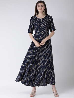 Span Women Printed Flared Kurta(Blue)