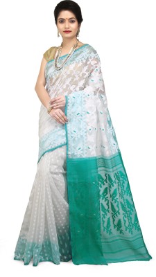 WoodenTant Woven Jamdani Cotton Silk Saree(White, Green)