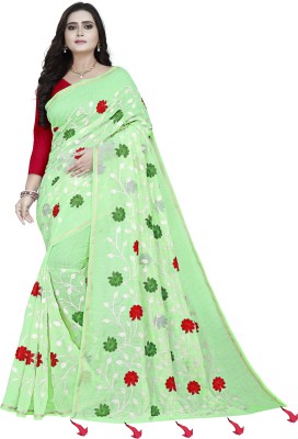 SARETRA MALL Embroidered Maheshwari Cotton Silk Saree(Light Green)