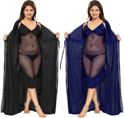 KAVANNG Women Nighty with Robe(Dark Blue)