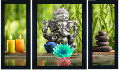 saf Ganesha Set of 3 UV Textured Multi-Effect Digital Reprint 22 inch x 14 inch Painting(With Frame, Pack of 3)