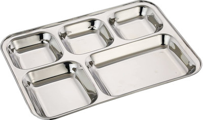 GIANT IMPEX Stainless Steel Rectangle Bhojan Thali /Square Deep Dinner Plate 5 Sections Divided Trays for Kids Lunch, Camping, Events & Every Day Use Kitchenware Sectioned Plate(Microwave Safe)