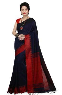 WoodenTant Woven Handloom Cotton Silk Saree(Dark Blue, Red)