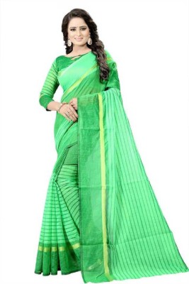 Grubstaker Striped Bollywood Cotton Blend Saree(Light Green)