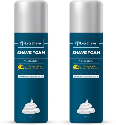 LetsShave Shave Foam Sensitive Skin Protection with Coconut Oil and Menthol, | Rust-Proof Aluminium Bottle - 200 gm Each, Pack of 2 (200 g)
