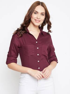 PURYS Women Solid Formal Maroon Shirt