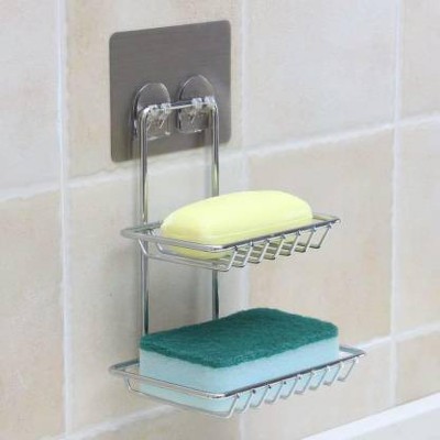 VP STORES Wall Mount Self-Adhesive Stainless Steel Waterproof Kitchen Bathroom Double-Layer Soap Dish Holder(Silver)