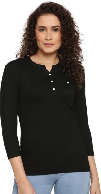 Feathersoft Solid Women Henley Neck Black T-Shirt