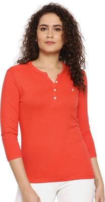 Feathersoft Solid Women Henley Neck Red T-Shirt