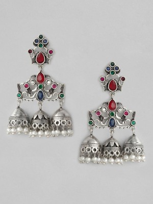 RUBANS Silver Plated Oxidised Handcrafted Color Stone Multi Jhumka Earrings Alloy Jhumki Earring