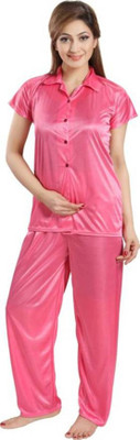 Fabme Women Solid Pink Shirt & Pyjama set