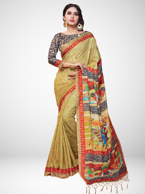 Ratnavati Printed Kalamkari Art Silk Saree(Beige)