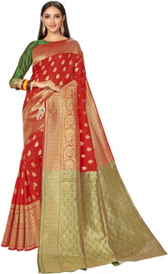 Sariya Woven Banarasi Silk Blend, Jacquard Saree(Red, Gold)