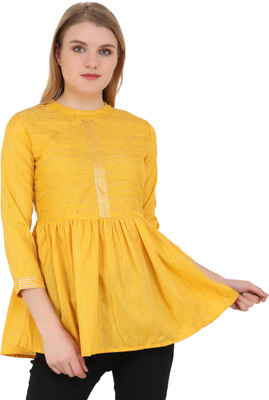 UNFAKENOW Casual 3/4 Sleeve Embellished Women Yellow Top