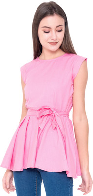 God Bless Casual Cap Sleeve Solid Women Pink Top