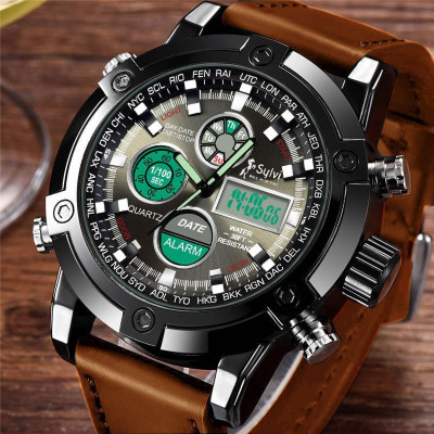 Sylvi Famous Brand Mens Leather Digital Dual Time Relogio Masculino Brown SY-3022 Analog-Digital Watch - For Men