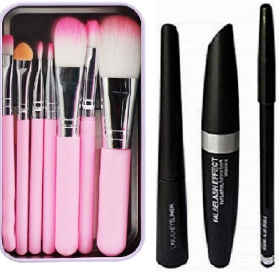 angelie Eyebrow Black Pencil With Mascara & Liquid Eyeliner (Set of 3) And H. kitty Makeup Brushes Set of 7(2 Items in the set)