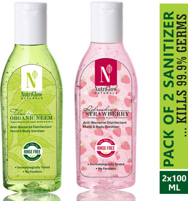 NutriGlow NATURAL'S (Pack Of 2) Neem (100 ml) & Strawberry (100 ml)/Hand Sanitizer/Disinfectant/99.99% Germs Free/ Hand Sanitizer Gel Bottle(2 x 100 ml) NutriGlow NATURAL'S (Pack Of 2) Neem (100 ml) & Strawberry (100 ml)/Hand Sanitizer/Disinfectant/99.99% Germs Free/ Hand Sanitizer Gel Bottle(2 x 100 ml)