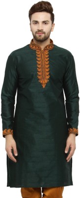 Over Crowd Men Embroidered Straight Kurta(Dark Green)