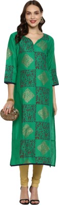 G Kurties Women Block Print Straight Kurta(Green)