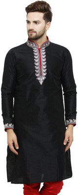 Over Crowd Men Embroidered Straight Kurta(Black)