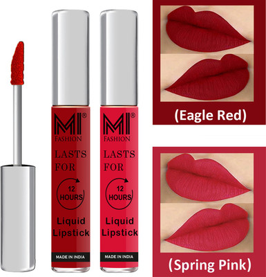 MI FASHION Liquid Matte Lipstick Combo Non Stick on Cup,Long Lasting,Highly pigmented Lip Gloss Set of 2 Code-280(Eagle Red Liquid Lipstick,Spring Pink Liquid Lipstick, 6 ml)