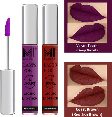 MI FASHION Liquid Matte Lipstick Combo Non Stick on Cup,Long Lasting,Highly pigmented Lip Gloss Set of 2 Code-557(Deep Violet Liquid Lipstick,Coast Brown Lip Gloss, 6 ml)