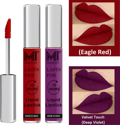 MI FASHION Matte Liquid Lipsticks Waterproof Long Lasting Pigmented Lip Gloss Set of 2 Code-249(Eagle Red Liquid Lipstick,Deep Violet Liquid Lipstick, 6 ml)