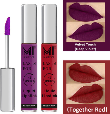MI FASHION Liquid Matte Lipstick Combo Non Stick on Cup,Long Lasting,Highly pigmented Lip Gloss Set of 2 Code-586(Deep Violet Liquid Lipstick,Together Red Lip Gloss, 6 ml)