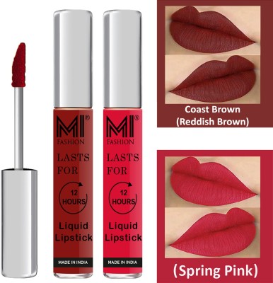 MI FASHION Liquid Lipstick Combo Set of 2 |Matte|Waterproof|Kiss Proof|Long Lasting| and |Made in India| Code-581(Coast Brown Liquid Lipstick,Spring Pink Lip Gloss, 6 ml)