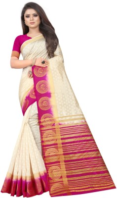 VRINDITA FASHION Temple Border Kanjivaram Silk Blend Saree(Beige)