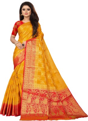 Matangi Exporter Self Design, Embellished Banarasi Cotton Blend, Pure Silk Saree(Yellow)