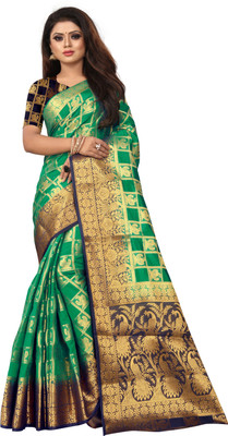 Matangi Exporter Woven Banarasi Cotton Blend, Pure Silk Saree(Green)