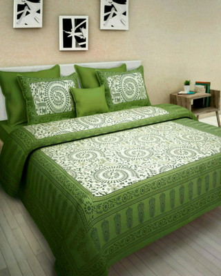 MISHTI CREATION 228 TC Cotton Double Jaipuri Prints Flat Bedsheet(Pack of 1, Green)