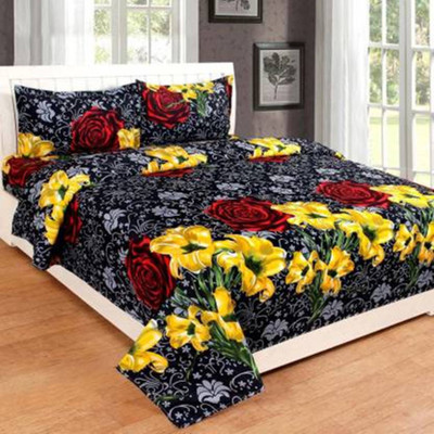 N2C Home 144 TC Microfiber Double 3D Printed Flat Bedsheet(Pack of 1, Black)