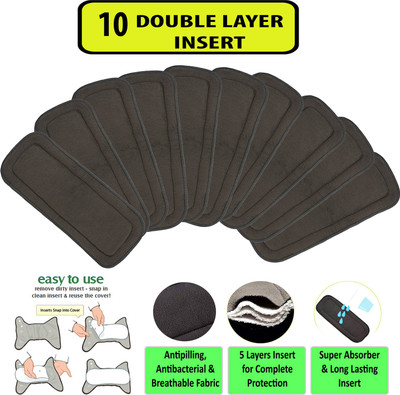 Welo Pack of 10 Wetfree Reusable Washable Adjustable Cotton Diaper Nappy Inserts for Baby Cloth Diapers, 5 Layer Bamboo Charcoal Inserts Liners Natures Cloth Diaper Liner For Babies of Ages 0 to 2 years - M - L(10 Pieces)