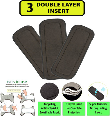 Welo Pack of 3 Wetfree Reusable Washable Adjustable Cotton Diaper Nappy Inserts for Baby Cloth Diapers, 5 Layer Bamboo Charcoal Inserts Liners Natures Cloth Diaper Liner For Babies of Ages 0 to 2 years - M - L(3 Pieces)