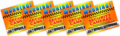 CVANU WARNING! THESE PREMISES ARE PROTECTED BY SECURITY CAMERAS IMAGES ARE RECORDED FOR THE PURPOSE OF CRIME PREVENTION AND PUBLIC SAFETY 24/7 OFFSITE RECORDING Emergency Sign