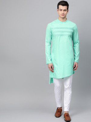 See Designs Men Solid Asymmetric Kurta(Light Green)